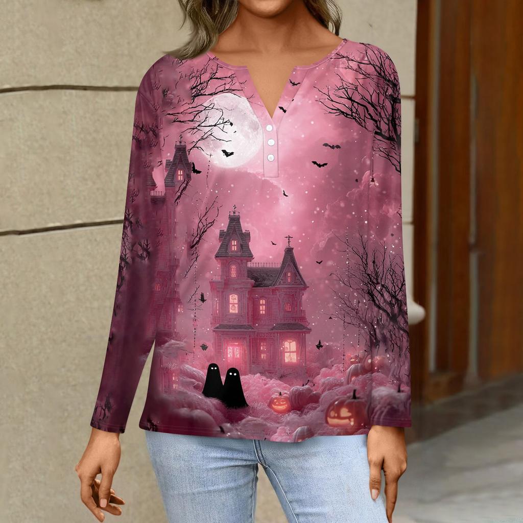 Women's Casual Long Sleeve V-Neck T-Shirt with Halloween Print and Button for Holiday Outfits