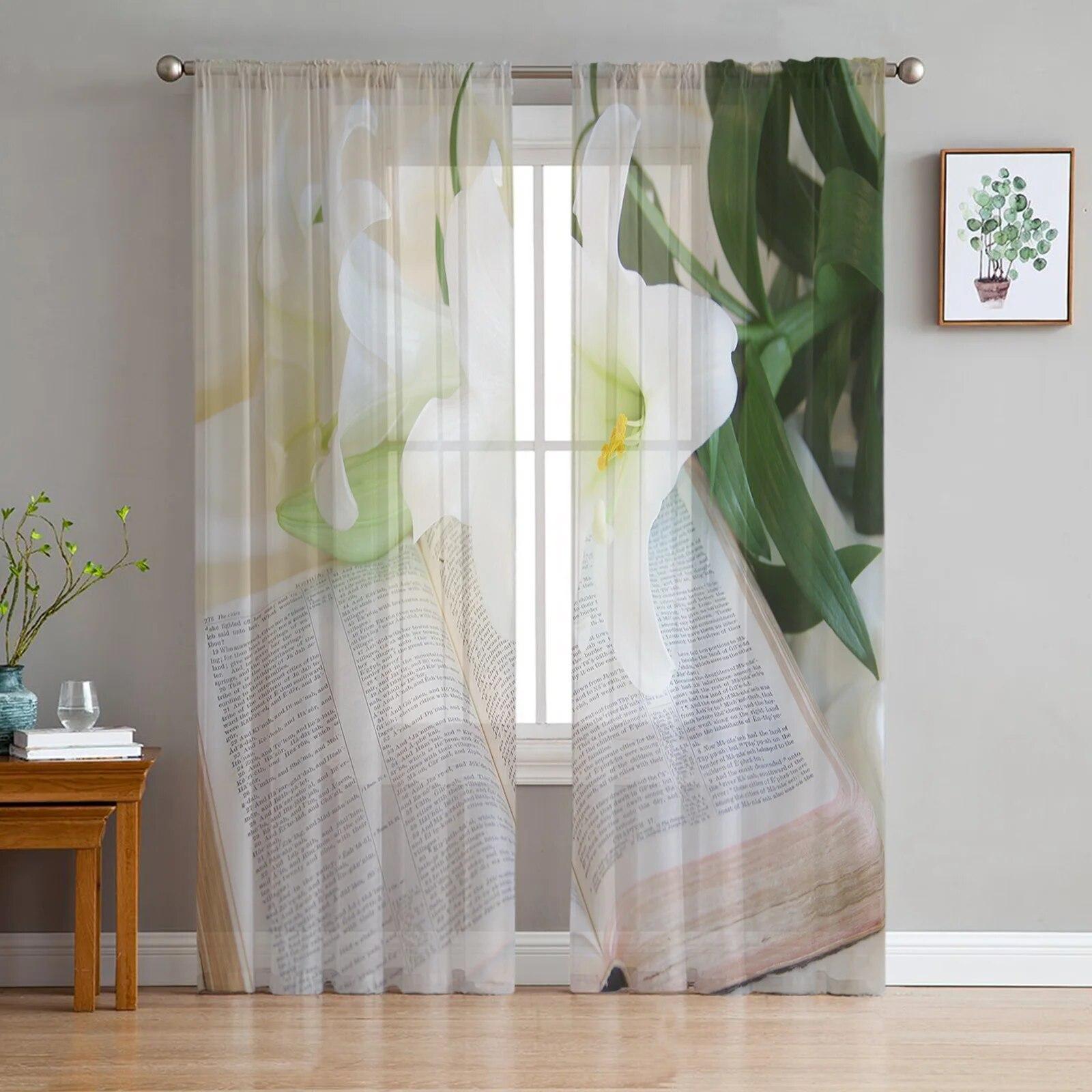 

Розовый цветок лилии с отражением воды, тюлевые шторы для гостиной, современная пряжа, вуаль, оконные шторы, прозрачные для спальни W135 x H114cm