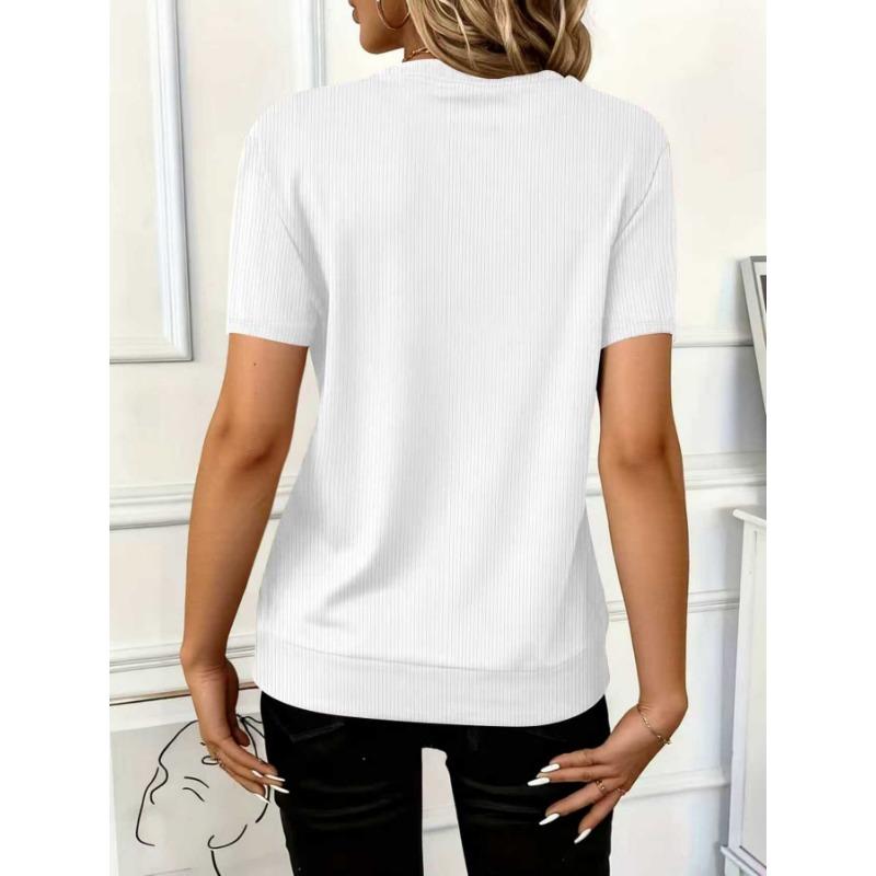 Womens Ribbed Knit Half Zip T Shirt With Stand Collar Short Sleeve Casual Slim Fit Top