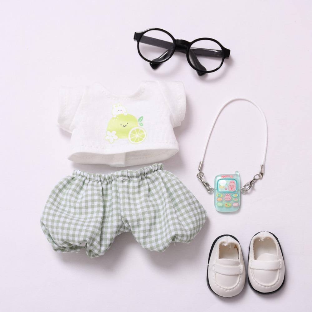 Orange Sitting Labubu Time Cloth Plaid Pants 17cm Plush Dolls Clothes  Kids Girls Toys