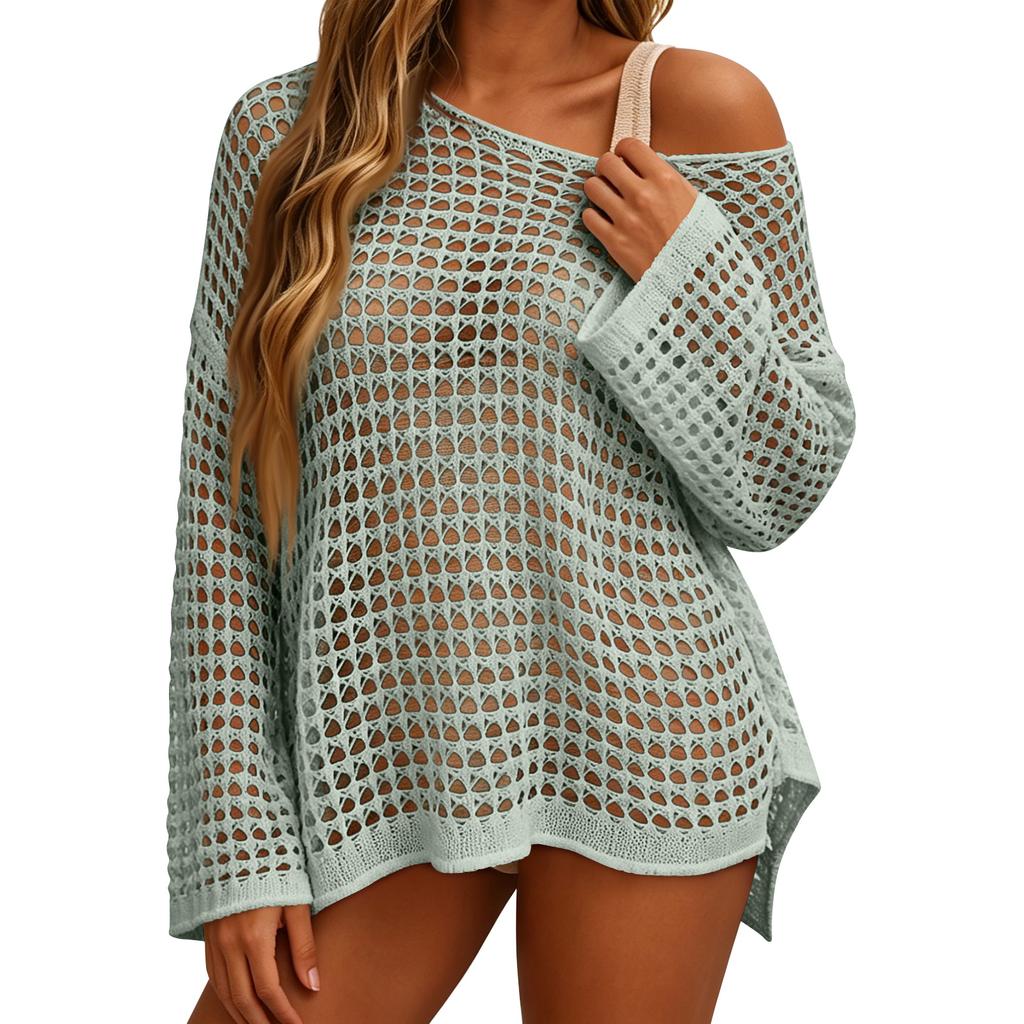 Women's Sunscreen Hollow Long Sleeve Backless Bikini Beach Dress Knit Sweater Cover-Up