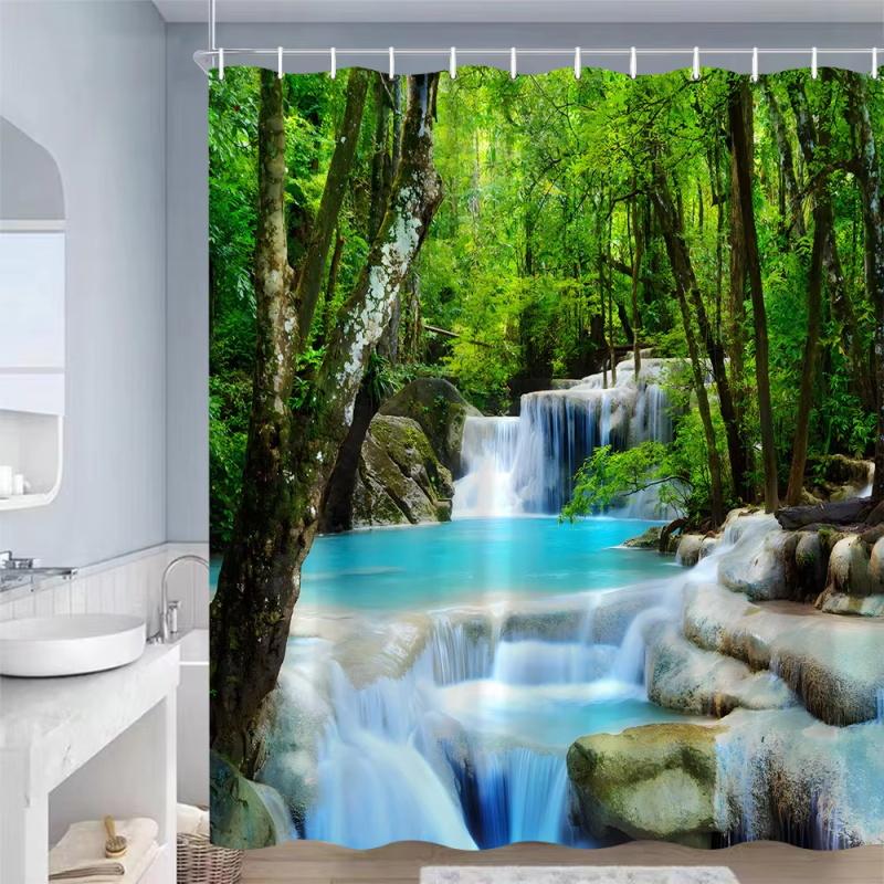 Jarní lesní krajina Sprchový závěs Tropické rostliny džungle Vodopád Přírodní scenérie Závěsy Zahradní koupelnová dekorace s háčky
