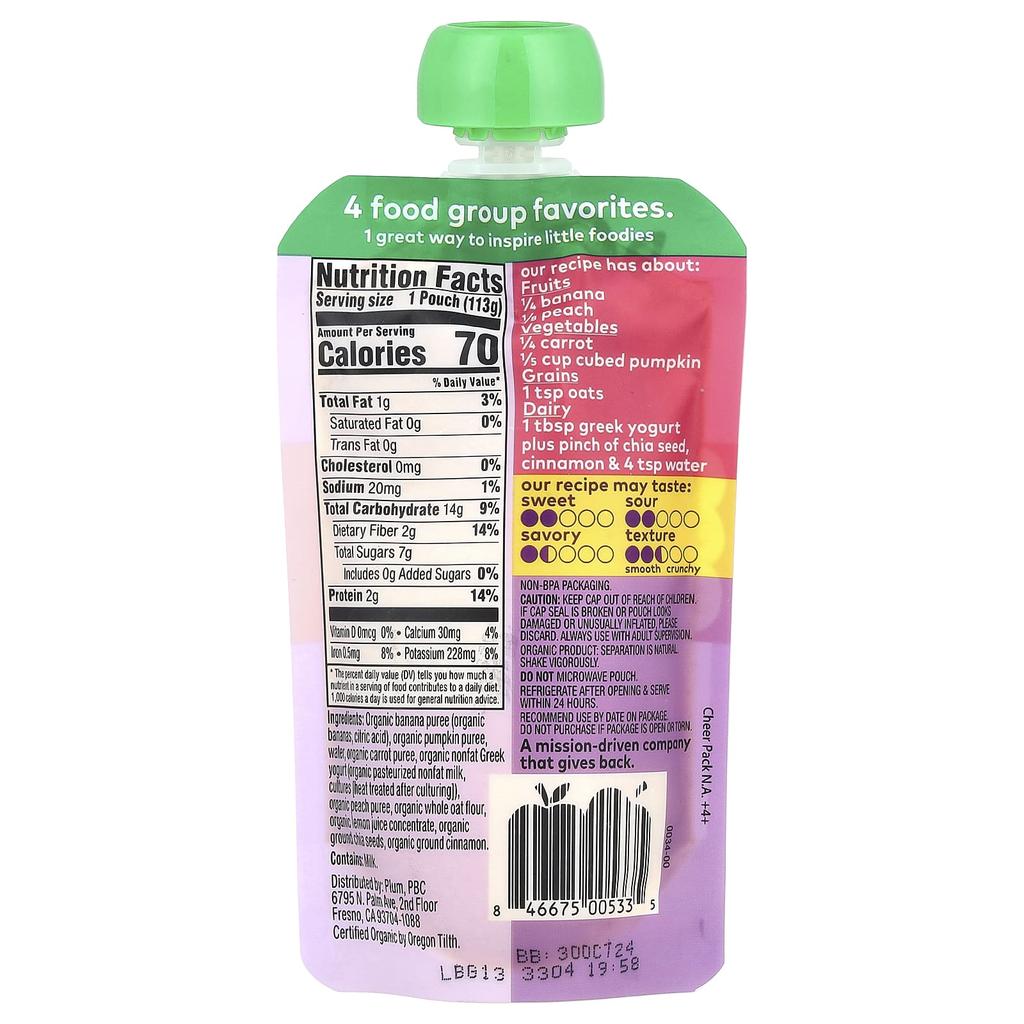 Plum Organics, Baby, Mighty 4, 4 Food Group Blend, Banana, Peach, Pumpkin, Carrot, Greek Yogurt, Oats, 4 oz (113 g)