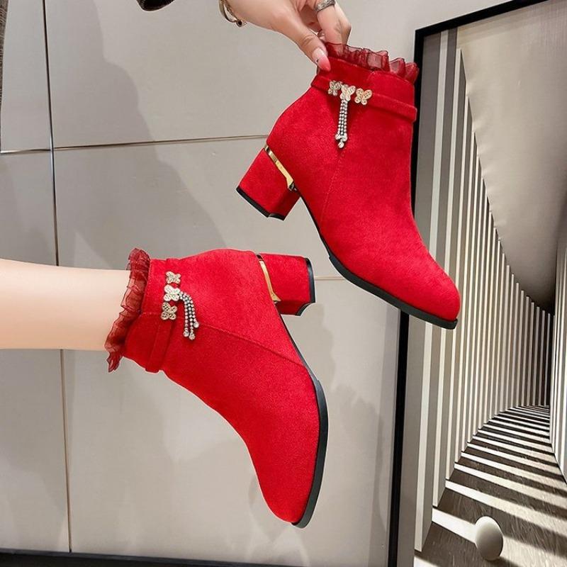 Autumn and Winter Red Frosted Soft Leather Women's Short Boots Round Head Thick Heel Martin Boots Velvet Warm Middle Heel Women's Boots