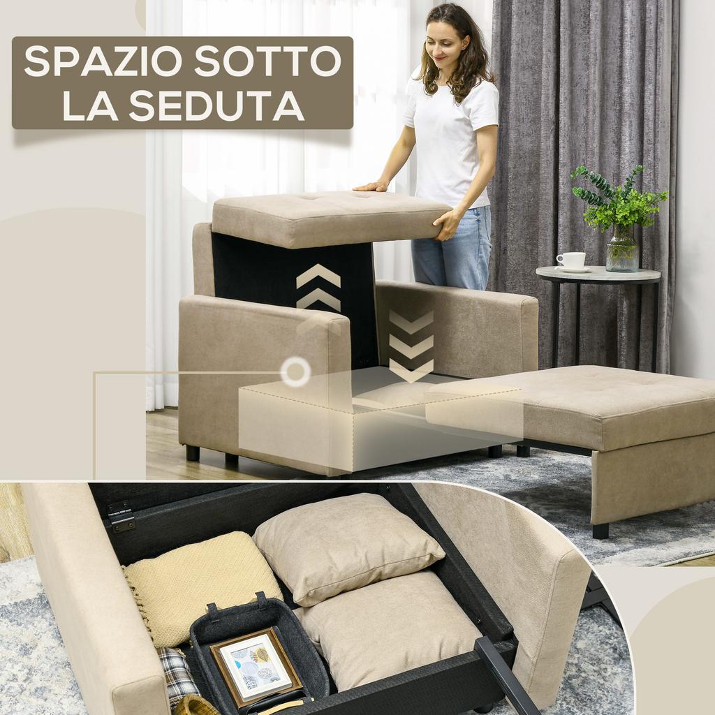 Fabric Sofa Bed In Light Brown Velvet Effect With 2 Cushions And Storage Space 100x98x88 Cm