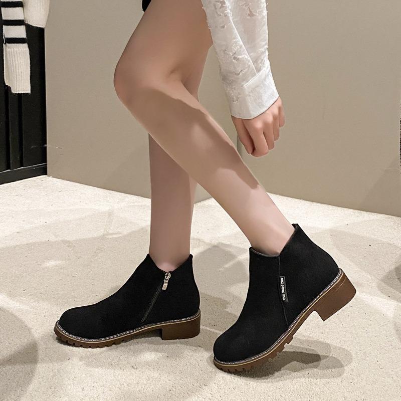 European and Americanforeign Trade Short Tube Medium Heel Retro Matte Short Boots Women's Cross-border Thick Heel Flat Bottom Side Zipper Martin Boots