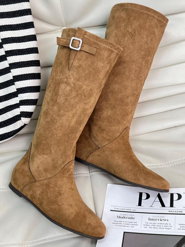 Cowhide version~ Skinny inner height-increasing boots Suede knight boots Women's round head but knee boots Folded western boots