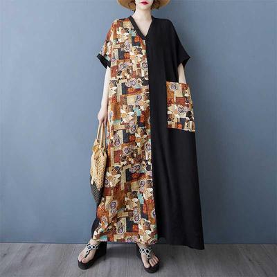 Women's Color Patchwork Black Long Dress Retro Robe