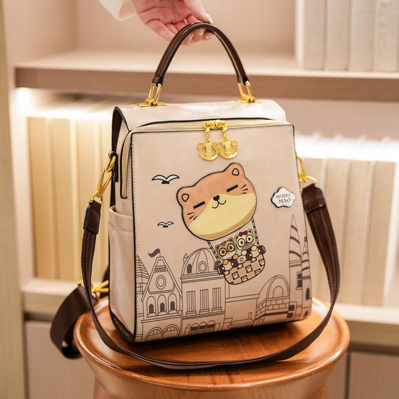 2026 New Premium Sense PU Women's Backpacks Versatile Casual Simple Large Capacity Lady Single Shoulder Bag Cute Cartoon Bear Outdoor Travel Rucksacks