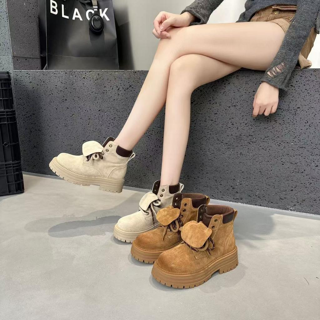 Autumn and winter breathable leather retro Martin boots women's inner heightening thick-soled tooling short boots rhubarb boots