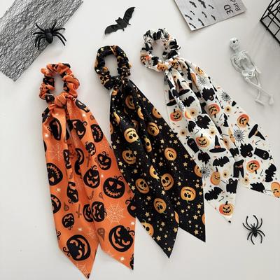 3Pcs Halloween Print Scrunchies Hair Ribbon for Women Elastic Hair Band Girls Horsetail Hair Ties Accessories for Halloween