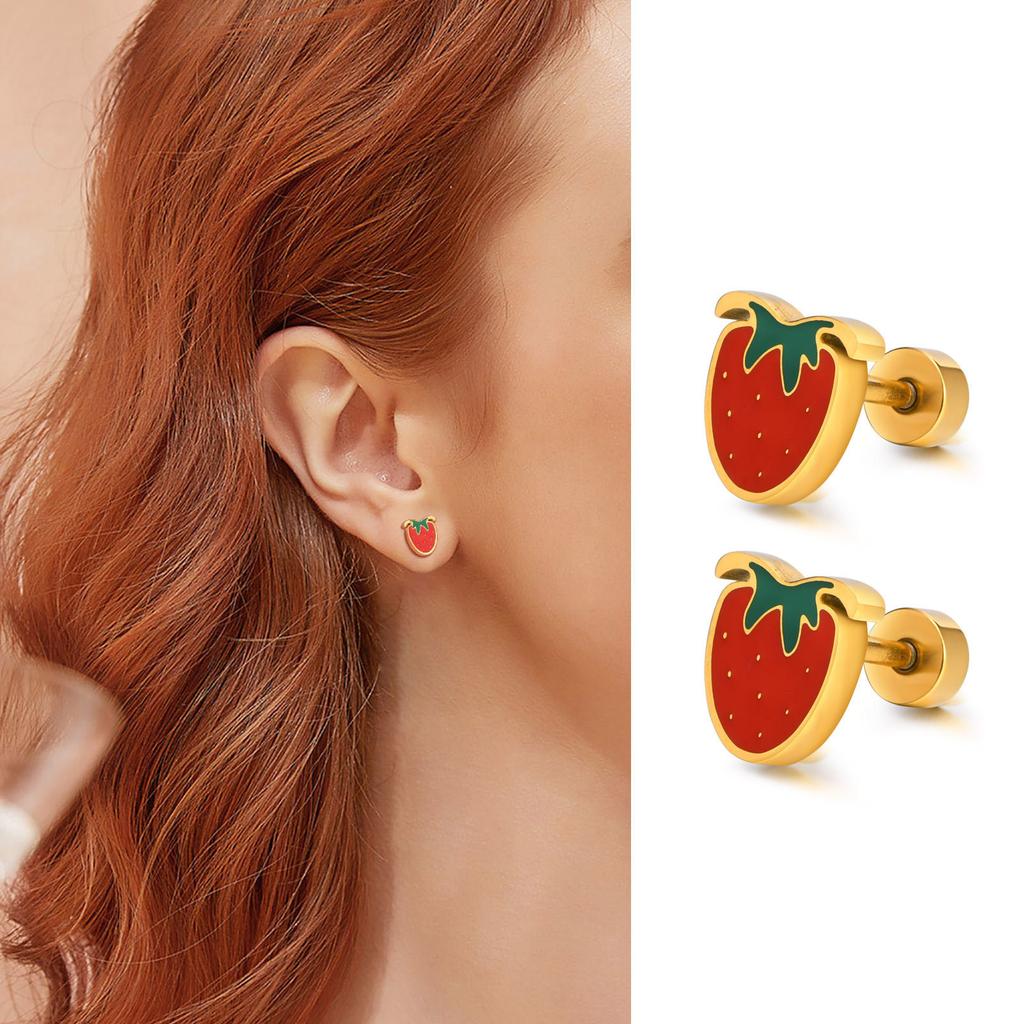 Women's Chic Minimalist Strawberry Stud Earrings, Gold Color Stainless Steel Dainty Charm Rainbow Hoop Dangle Earring To Girls