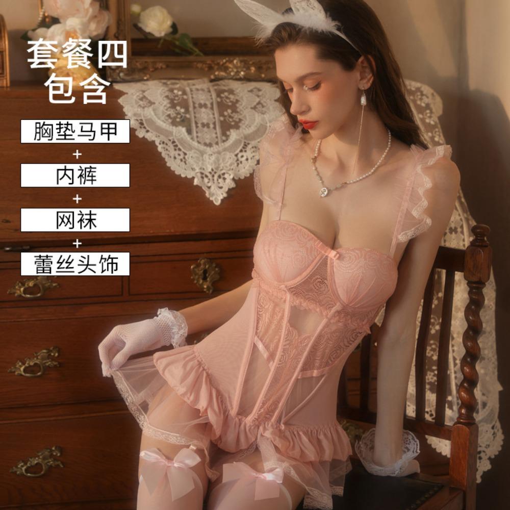 Sexy Underwear Small Breasts Big Chest Pads Steel Rims Lace Perspective Suspenders Corset Suit