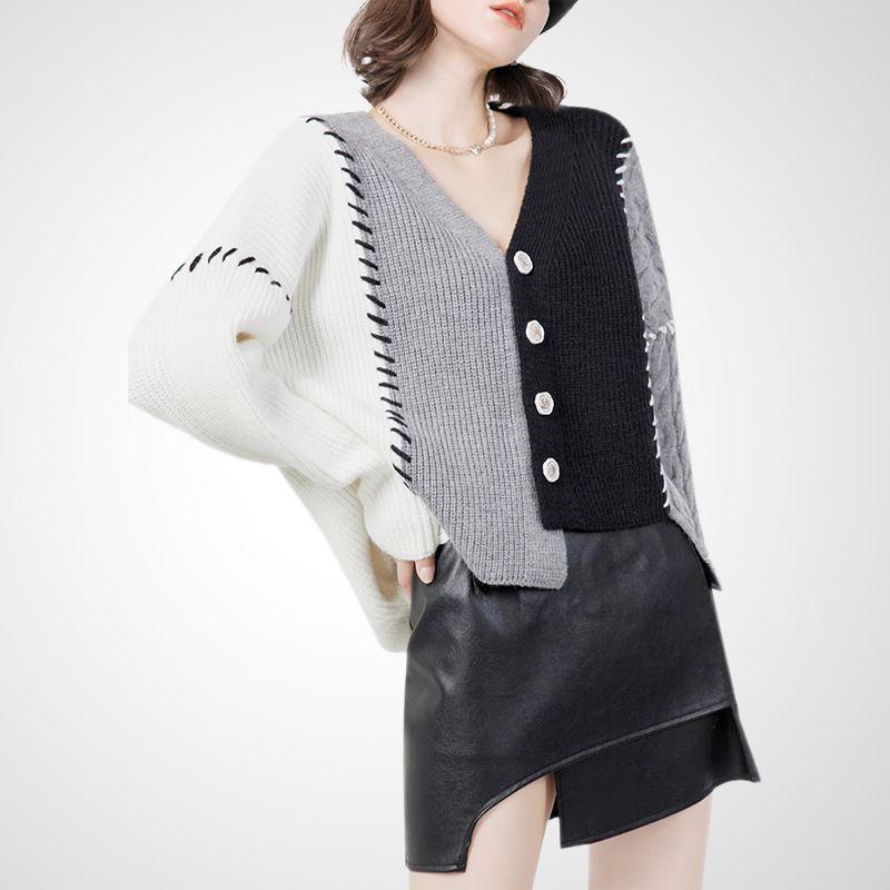 

V Neck Commuter s All-Matching Stylish Contrast Color Sweet Slipover Color matching (Black + White + Gray) S