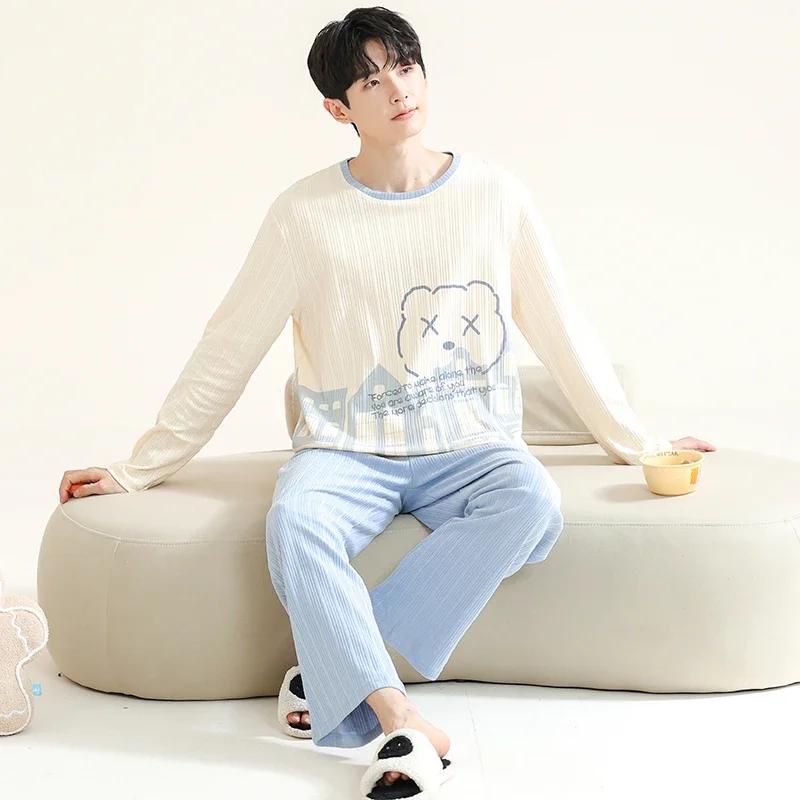 Baumwolle Herren Pullover Nachtwäsche Herbst Frühling Langarm Nachtwäsche 2 Stück Pyjamas Set Männlich