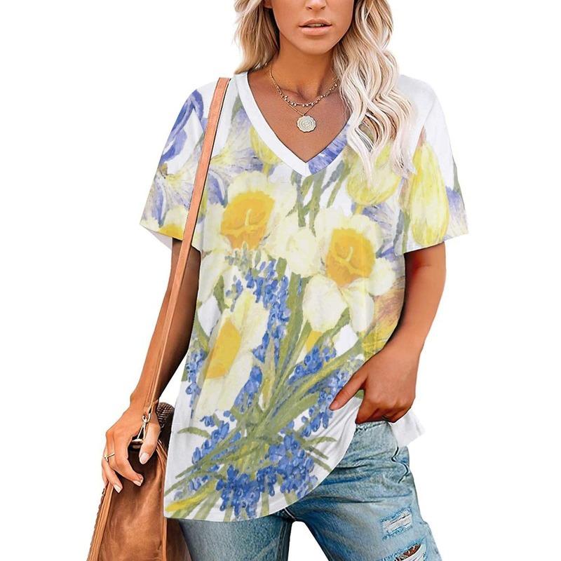 Sommermode 3D Floral bedruckte T-Shirts Damenbekleidung T-Shirt Tops Damen Casual Kurzarm V-Ausschnitt Tops Lockere Bluse