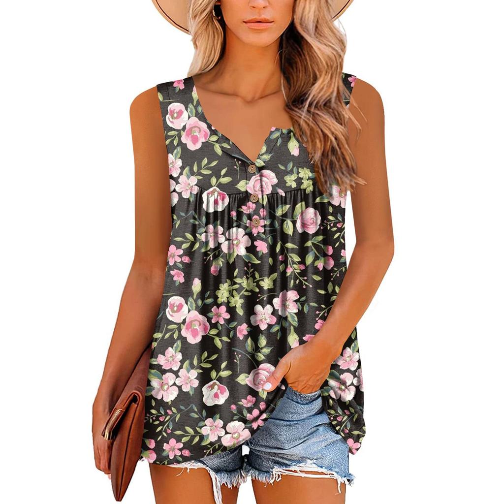 Women's Fashion Floral Printing Pleated Sleeveless Casual T-shirt Vest Button Top
