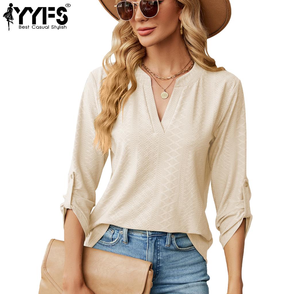 YYFS Blusas y camisas con cuello en V y mangas 3/4 con estampado de color sólido informal para verano y primavera para mujer