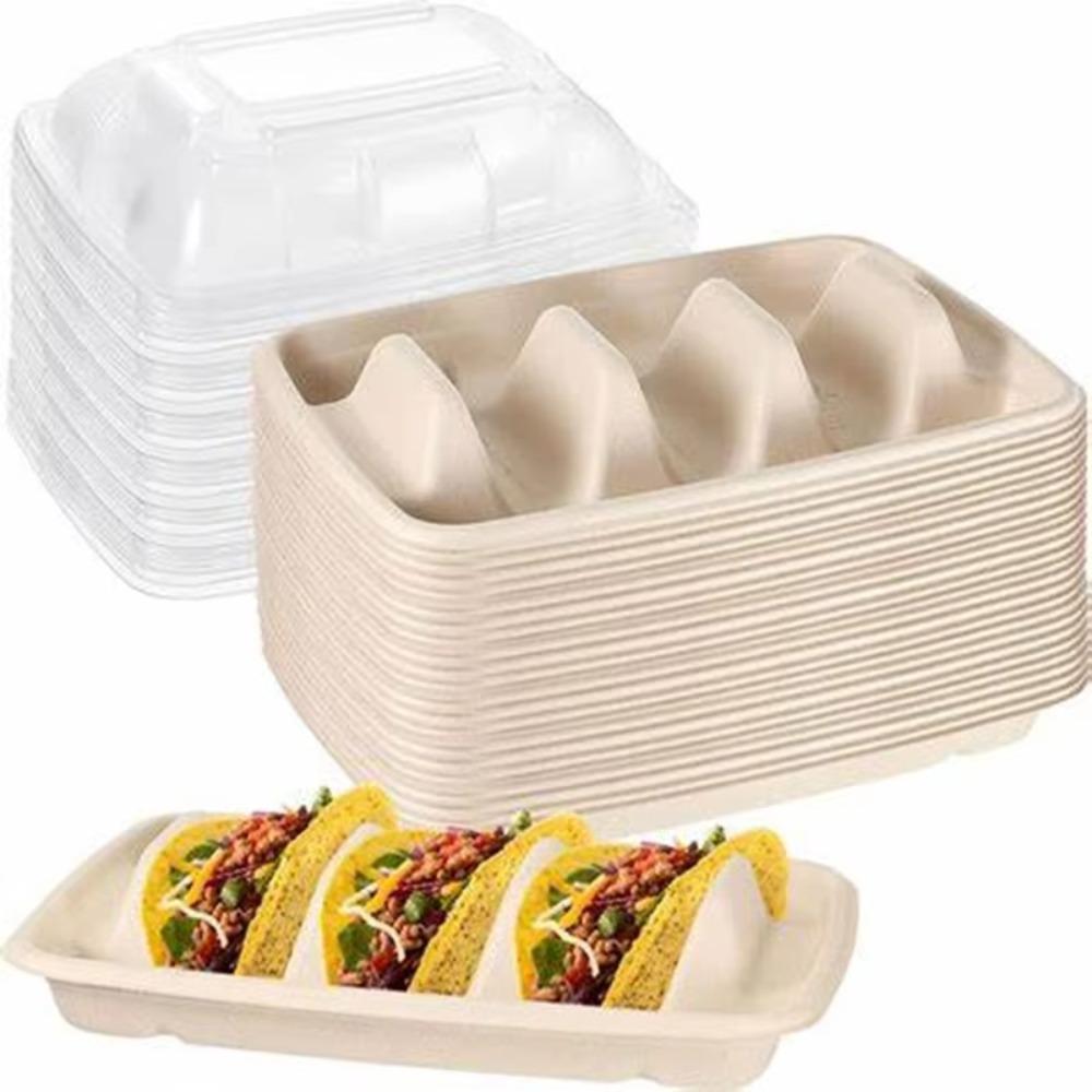 50Pcs with Lid Disposable Taco Plates 3 Compartments Taco Serving Tray Taco Holder  School