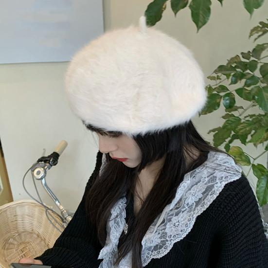 Women Painter Hat Solid Color Octagonal Dome Top Beret Hat Autumn Winter Warm Plush