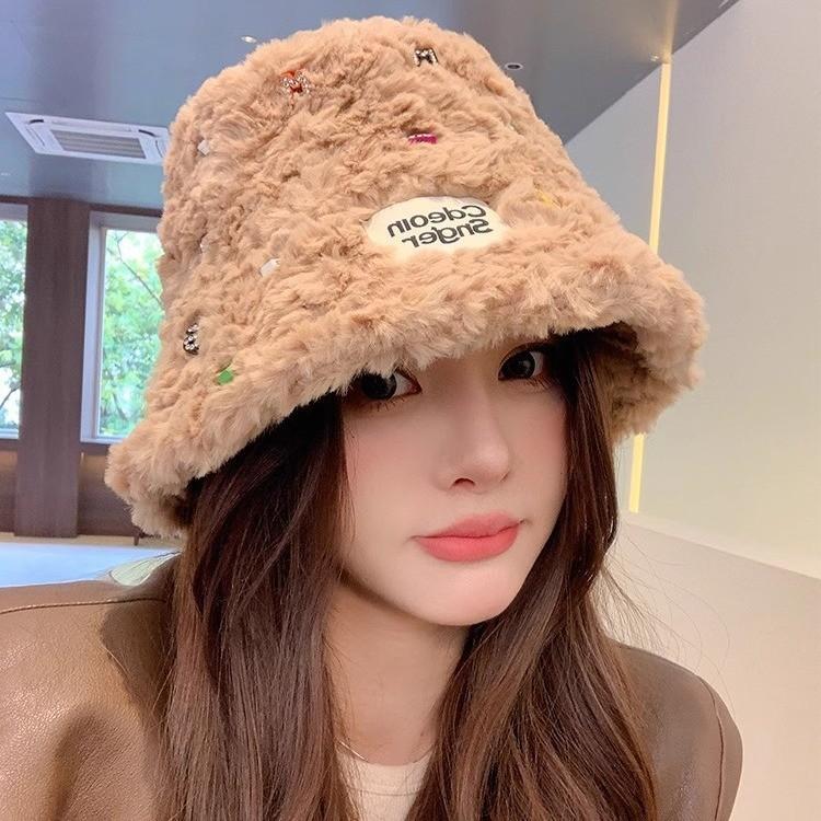 

New plush handmade alphabet diamond bucket hat women s autumn and winter versatile warm and cold-proof fashion bucket basin hat 52-56cm хакі