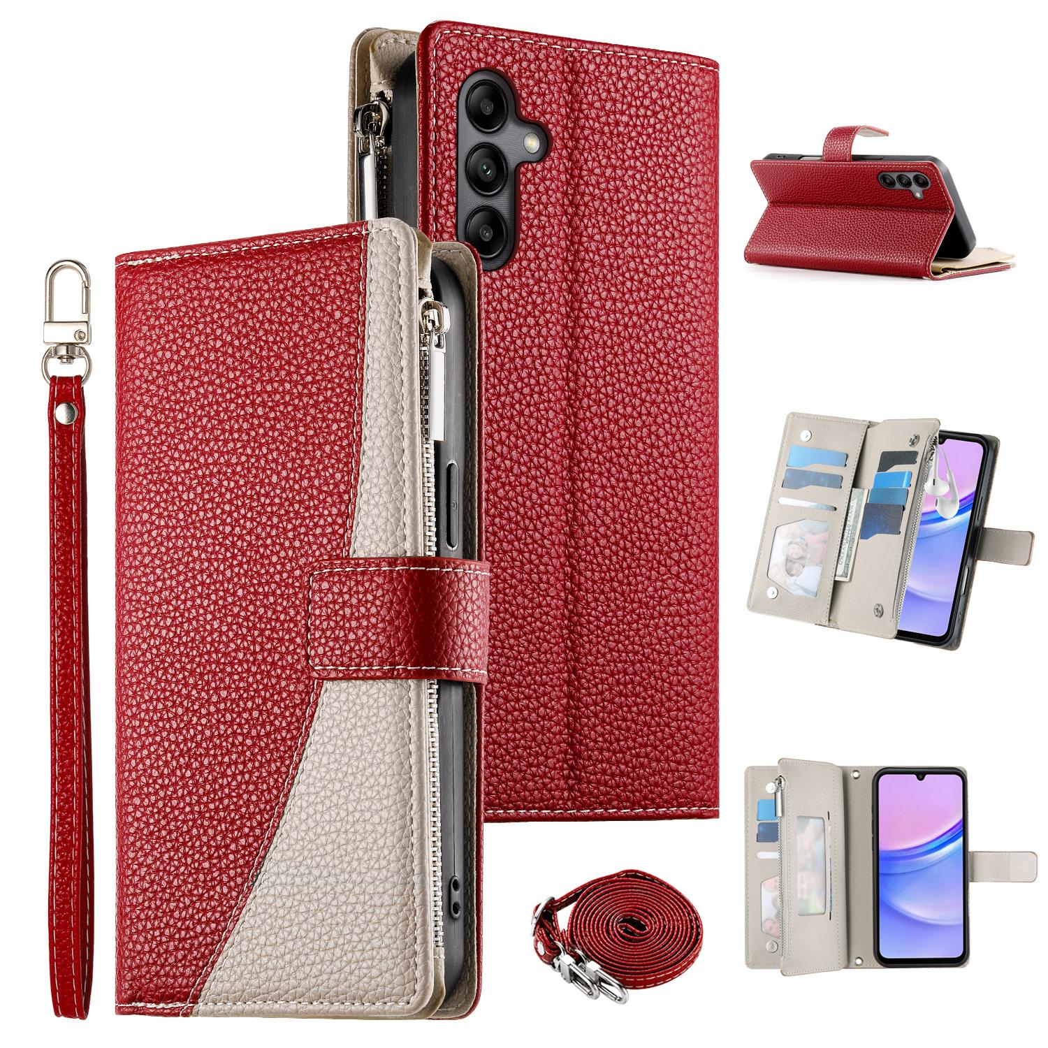

For Samsung Galaxy A05s 4G Case Zipper Wallet Color Splicing Leather Flip Phone Cover with Straps Red
