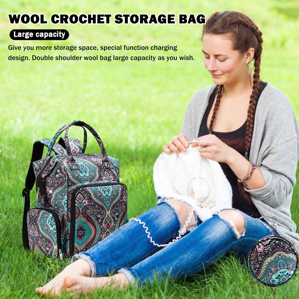 Knitting Bag Large Capacity Crochet Yarn Organizer Bag Lightweight Wear-resistant USB Charging Function for Sewing Crochet Hooks
