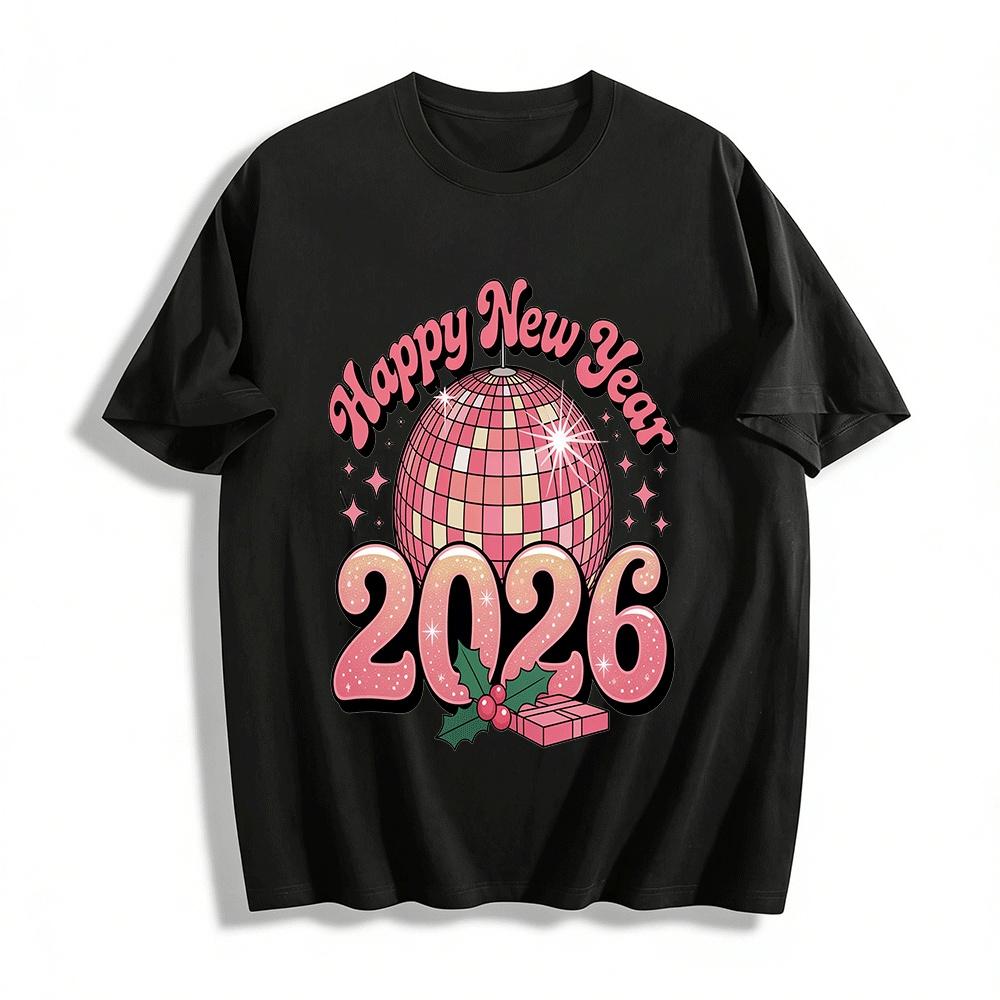 Retro 2026 New Year Pink Disco Ball Graphic Casual Top Pure cotton T-shirt XXS