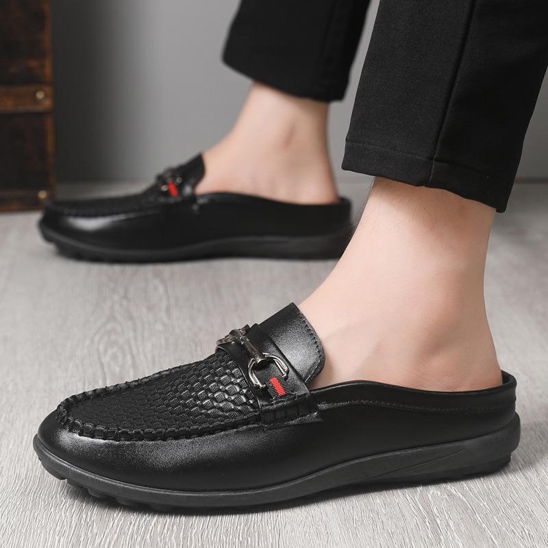 Men's Fashion Embossed Metal Buckle Casual Slip-On Leather Loafers Large Size.