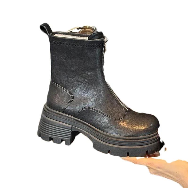 Chunky Women Ankle Boots Platform Designer Zippers Mid Heels Shoes 2025 Trend Winter Fad Goth Gladiator Motorcycle Botas Mujer