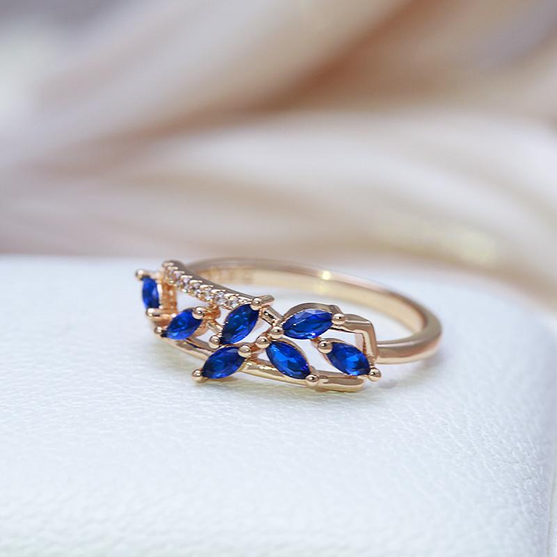 New Blue Natural Zircon Ring For Women Trendy  Rose Gold Leaf Ring Romantic Vintage Wedding Jewelry Fashion