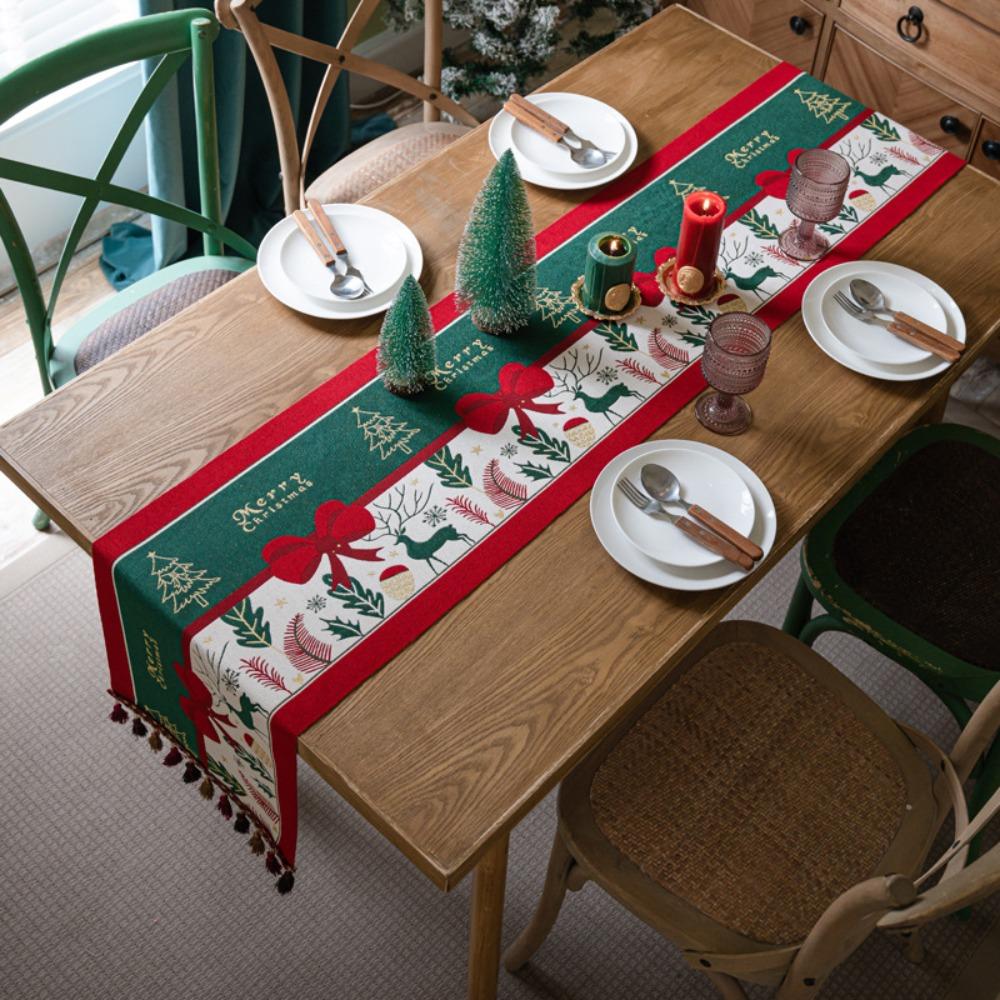 Zelený vánoční běhoun na stůl Dekorace na jídelní stůl Příborník Kryt botníku Sváteční ubrus