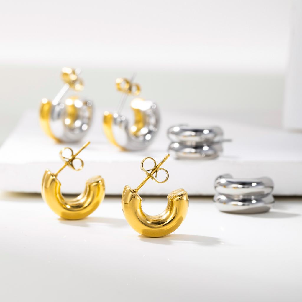 YF3354 Waterproof Non Tarnish Jewelry 18K Gold Plated High Polished Stainless Steel Double Layer CC Earring for Women