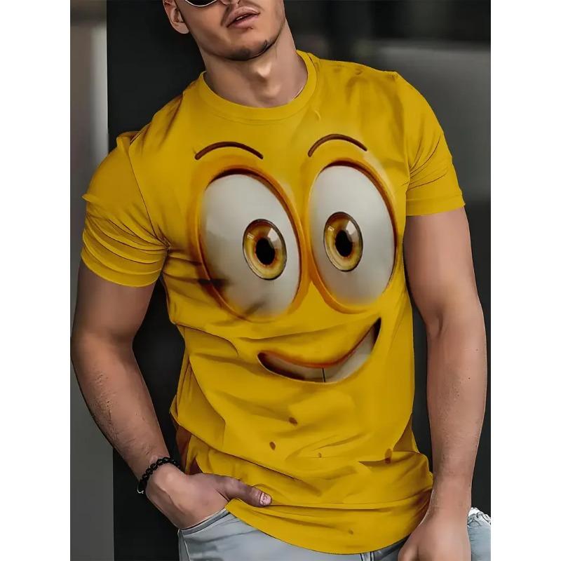 Summer Round Neck Cartoon Face Graphic 3D Print T-shirts Fashionable Casual Short Sleeved Men's T-shirts