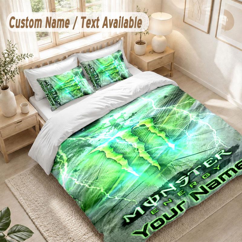 Custom Name Bedding Set 3 PiecesMonster Energy Print Duvet Cover + 2 Pillowcases Soft Bed Decor