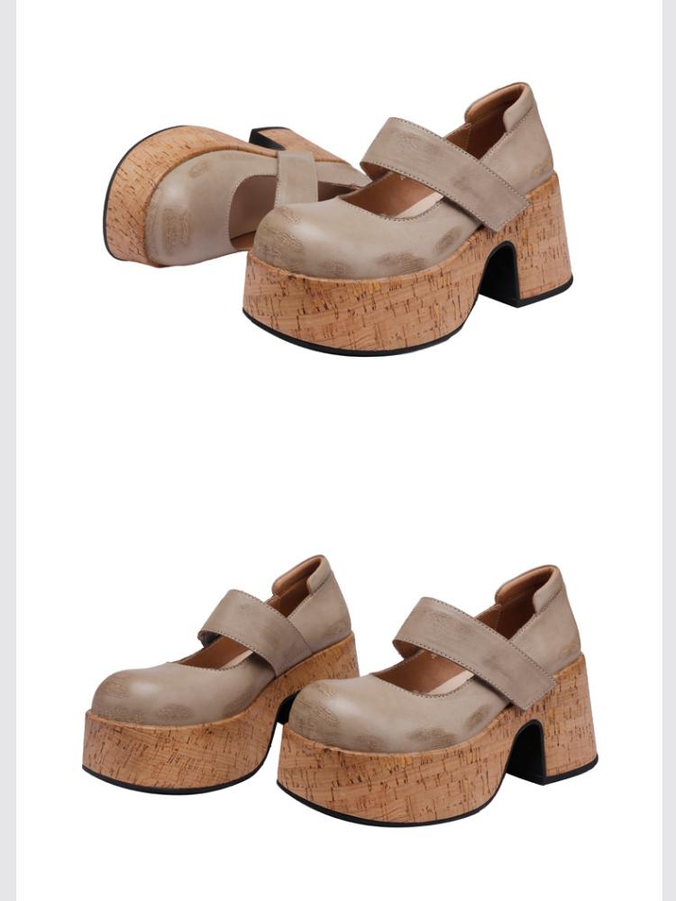 Johnature Zapatos de plataforma de mujer de moda versátiles poco profundos con punta redonda y tacones gruesos de cuero genuino retro