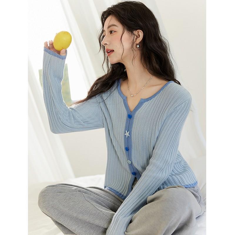 2026 Spring/Summer Blue Color Block Slim Fit Knit Cardigan - Women's Versatile Thin Layer Top