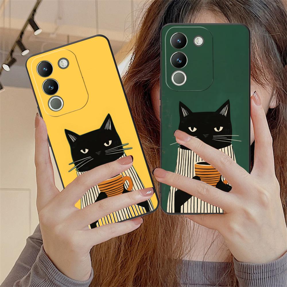 Cute Coffee Cat Matte TPU Mobile Phone Case for VIVO Y77 76 75 74 73 72 58 56 55 51 50 38 36 Y19 Y18 Y03 Y01 5G Colorful Cover
