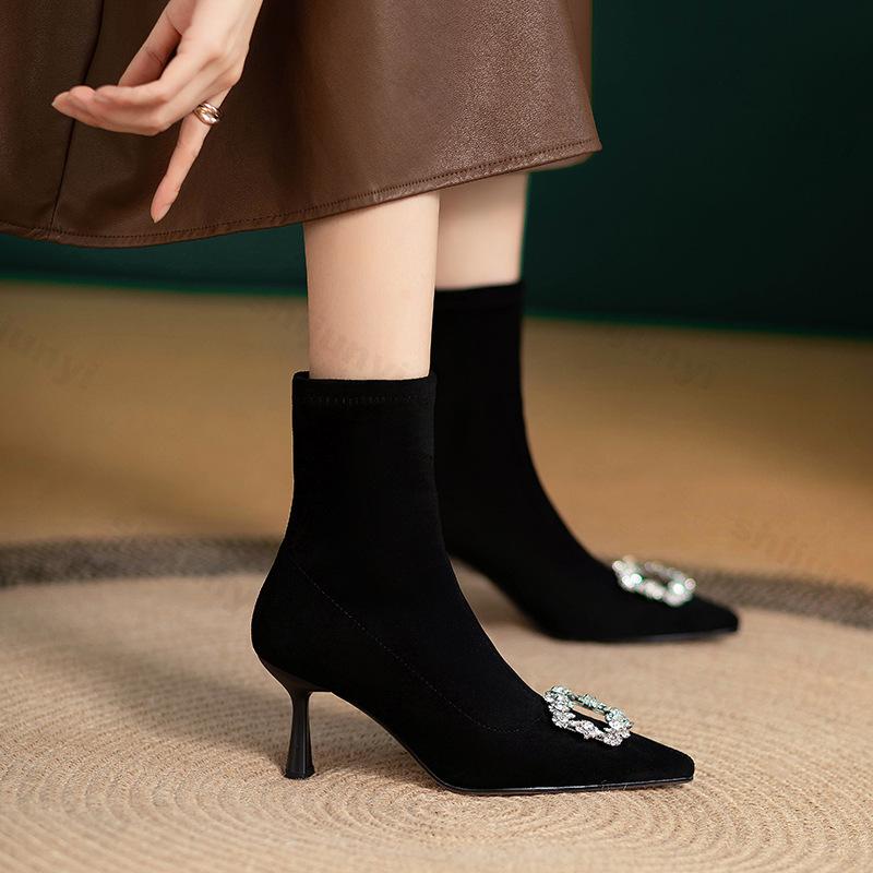 Women Knitted Ankle Boots 2024 New Pointed Toe Stretchy Chunky Thin High Heels Fashion Rhinestone Sock Short Boot Botas De Mujer