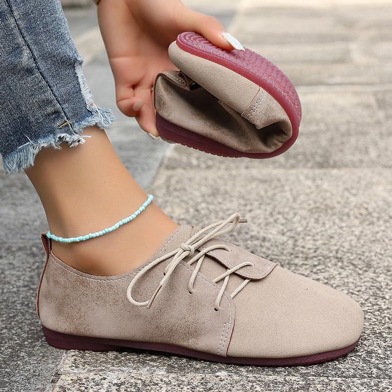 Brown Round Toe Flats Shoes Women Faux Suede Lace Up Flat Shoes for Woman Plus Size 43 Soft Walking Casual Shoes Female