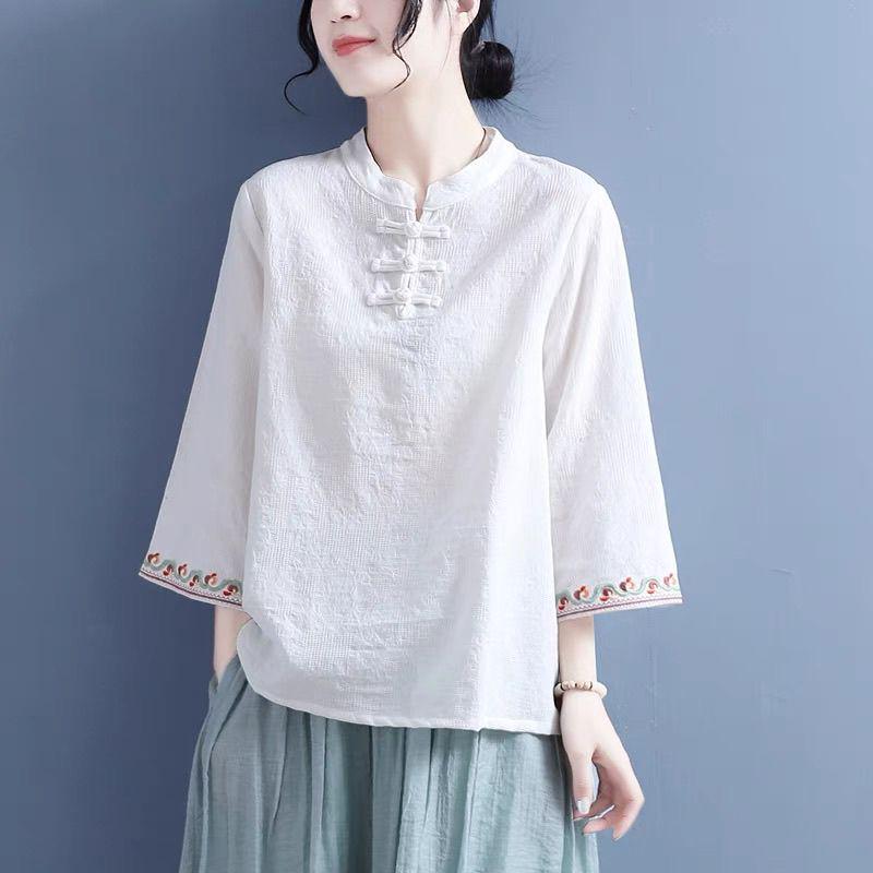 Women's Spring/Summer Embroidered Retro Chinese Frog Button Bell Sleeve Cotton Linen Shirt