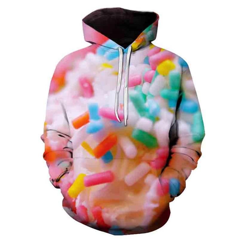 3D Printed Candy and Fruit Pattern Hoodie, Autumn and Winter Fleece-lined and Thickened Casual Plus Size Fun Sweatshirt, Men's Street Style Hooded Top