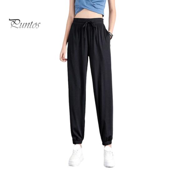 Summer Thin Ice Silk Sports Pants Elastic Drawstring Waist Pockets Casual Sweatpants Solid Color Loose Fit Fitness Trousers Streetwear
