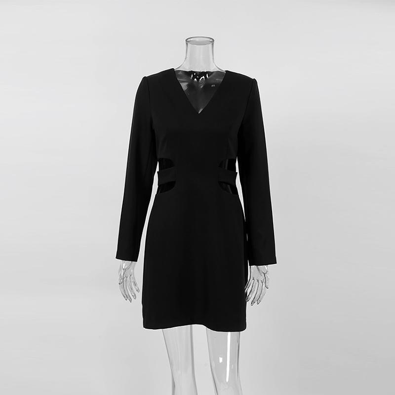 

Платье с V-образным вырезом, однотонное, ажурное, для женщин, весна-лето, с длинными рукавами, А-силуэтное платье, застежка-молния, женские офисные платья S чёрный