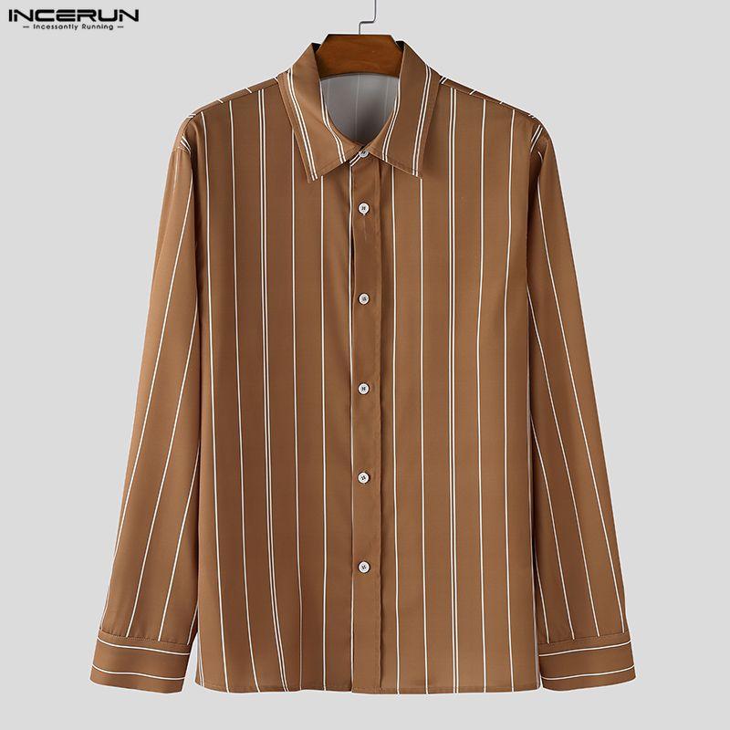 INCERUN Oversized Men Turn-down Collar Long Sleeve Striped Casual Loose Shirts
