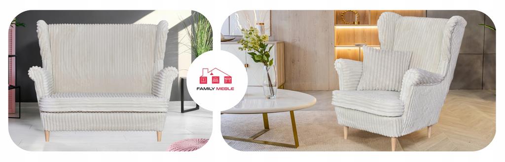 Zestaw uszak Rene Estella sofa fotele pufy Family Meble beżowy sztruks