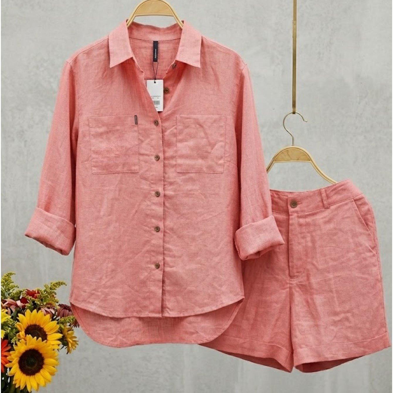 

Summer Cotton Linen Casual Home 2 Piece Set for Women Fashion White Long Sleeve Shirt and Shorts Two Piece Sets Tracksuit 4XL світло-рожевий колір