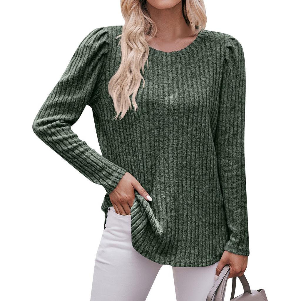 Women's Winter Tops Long Sleeve T-Shirt Round Neck Solid Color Fashion Button Tops