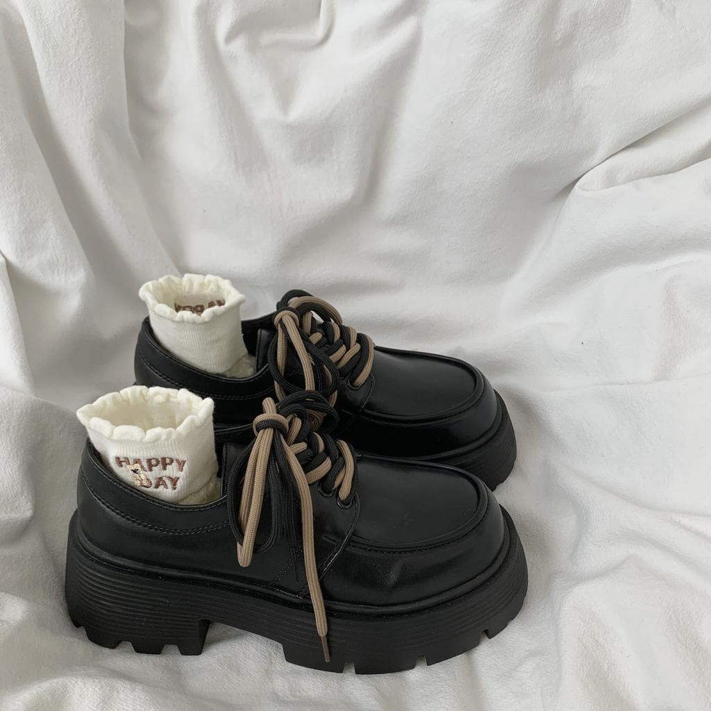 Thick heel thick sole heightened lace-up black small leather shoes women's autumn 2025 new versatile British style retro single shoes