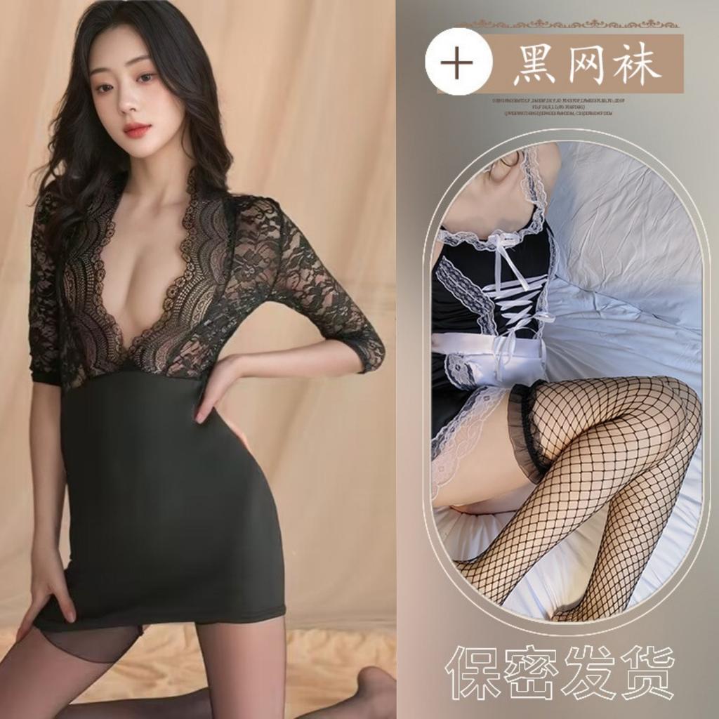 New sexy lingerie lace temptation perspective deep v ** hip skirt free large size pajamas women
